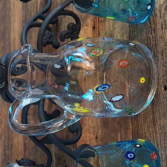 Vintage Murano Glass Leonardo Millifiore Flower Pitcher and Two Blue Glasses - Picture 2 of 12